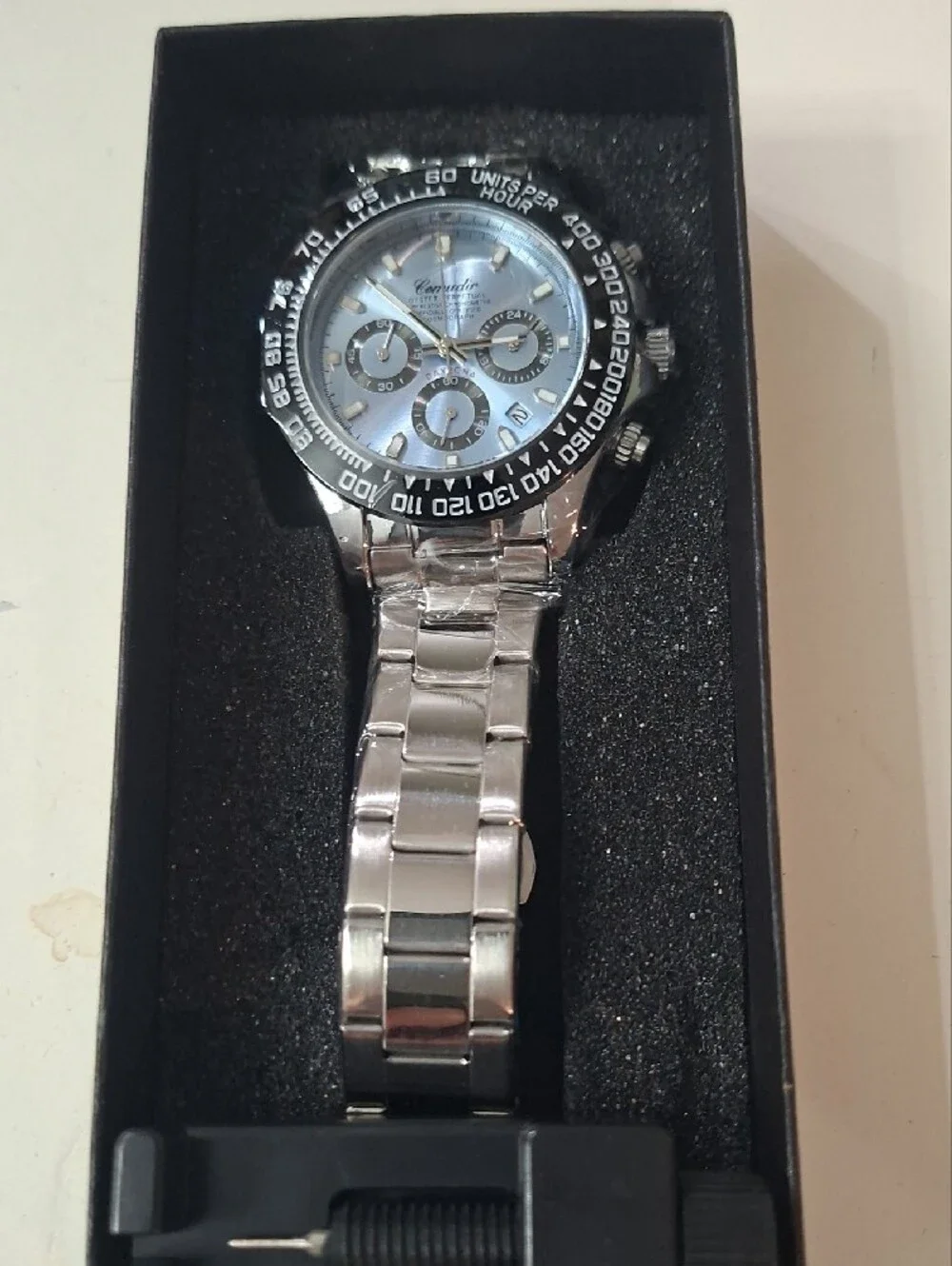 Men's Silver Stainless Steel Chronograph Watch — Polished Steel Bracelet